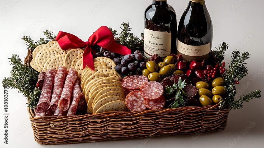 A beautifully styled holiday gift basket showcasing wine, charcuterie, crackers, and olives, arranged on a clean white background. A beautifully styled holiday gift basket showcasing wine, charcuterie, crackers, and olives, arranged on a clean white background.