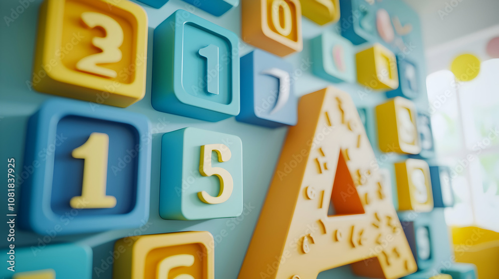Colorful 3D Number Blocks on Blue Wall Illustration Colorful 3D Number Blocks on Blue Wall Illustration