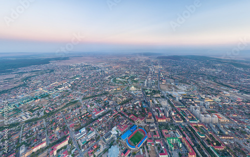 Grozny, Russia. Panorama of the city from the air after sunset. Blue hour. Aerial view photo