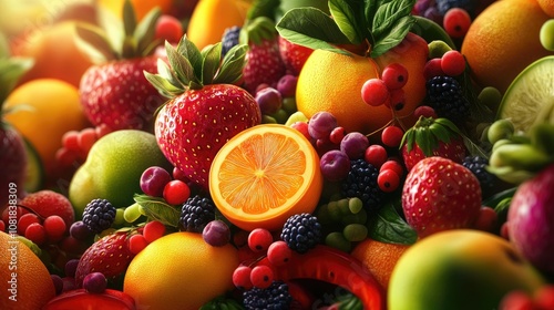 A vibrant assortment of fresh fruits, including strawberries, oranges, and berries, creating a colorful and healthy display.