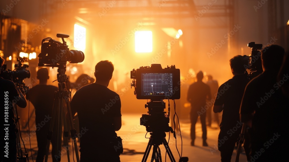 Fototapeta premium Film Crew Silhouettes in a Studio Setting with Cameras and Lighting Equipment