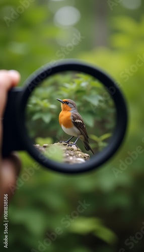 Birdwatcher observing a robin through binoculars in a vibrant natural environment