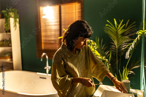 Wallpaper Mural Non binary woman washing the teeth at home Torontodigital.ca