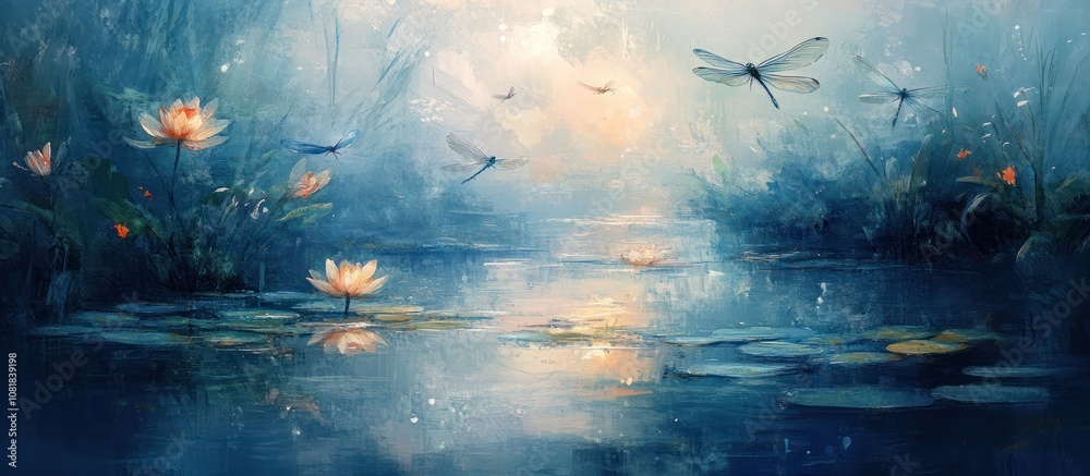 Obraz premium A dreamy landscape with water lilies, dragonflies and a peaceful pond.