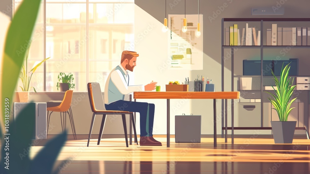 A man taking a lunch break in a contemporary office, seated at a wooden table with a lunch box, surrounded by a modern workspace A man taking a lunch break in a contemporary office, seated at a wooden table with a lunch box, surrounded by a modern workspace