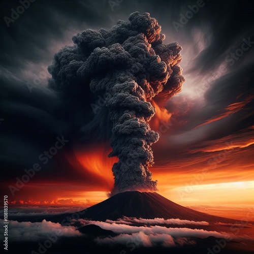 Volcanic Ash Plume A towering plume of dark volcanic ash billowi photo