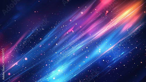 Abstract background with diagonal lines of light in blue, pink and orange with a dark blue background.