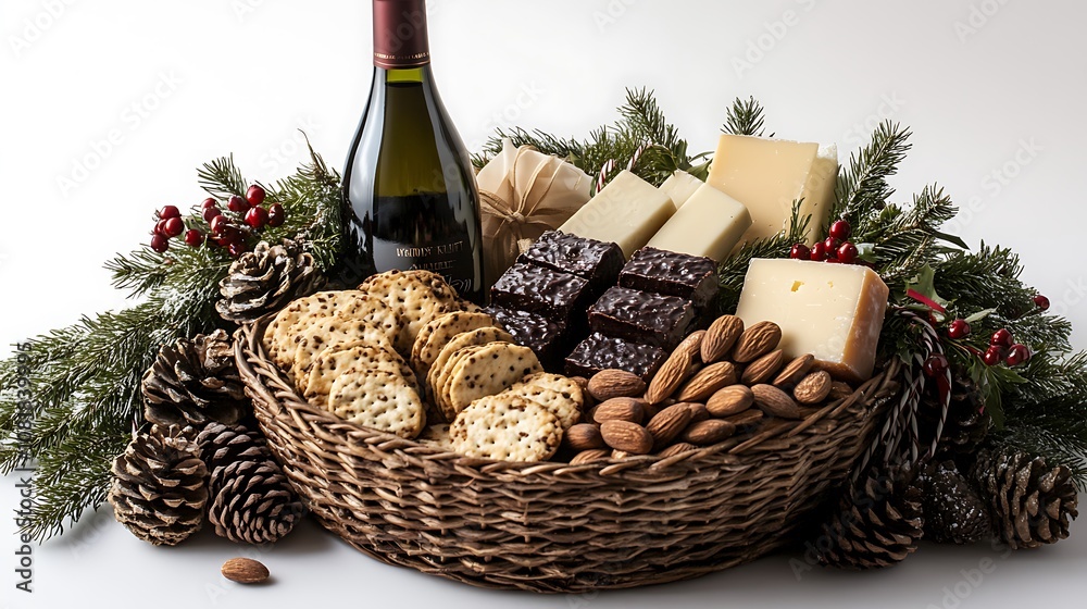 A Christmas gift basket brimming with a bottle of wine, artisanal cheese biscuits, festive fudge squares, and almonds. A Christmas gift basket brimming with a bottle of wine, artisanal cheese biscuits, festive fudge squares, and almonds.