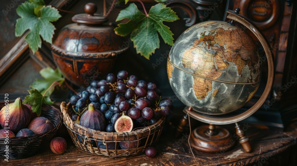 A still life with grapes, figs, a globe, and a vase, on a wooden table. A still life with grapes, figs, a globe, and a vase, on a wooden table.
