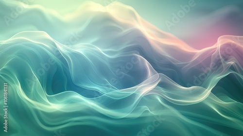 Abstract background with soft, flowing waves in turquoise, green, and pink hues.