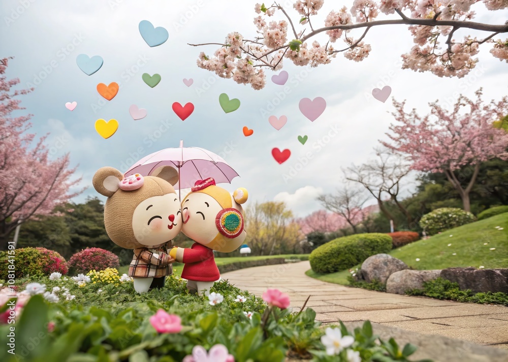 Fototapeta premium Charming Panoramic Scene of Adorable Cartoon Characters in Love, Surrounded by Heart Shapes and Colorful Clouds, Celebrating Romance in a Whimsical Garden Setting