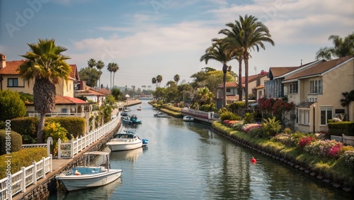 Charming Long Beach Canal Homes with Boats in a Scenic Neighborhood, Showcasing Bokeh Effect for a Dreamy Atmosphere and Serene Lifestyle in California's Coastal Community