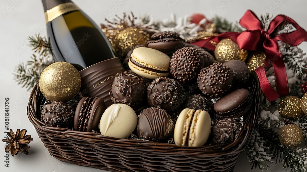 A Christmas gift basket filled with a bottle of prosecco, rich dark chocolate truffles, and assorted holiday macarons, set on a clean white background. A Christmas gift basket filled with a bottle of prosecco, rich dark chocolate truffles, and assorted holiday macarons, set on a clean white background.