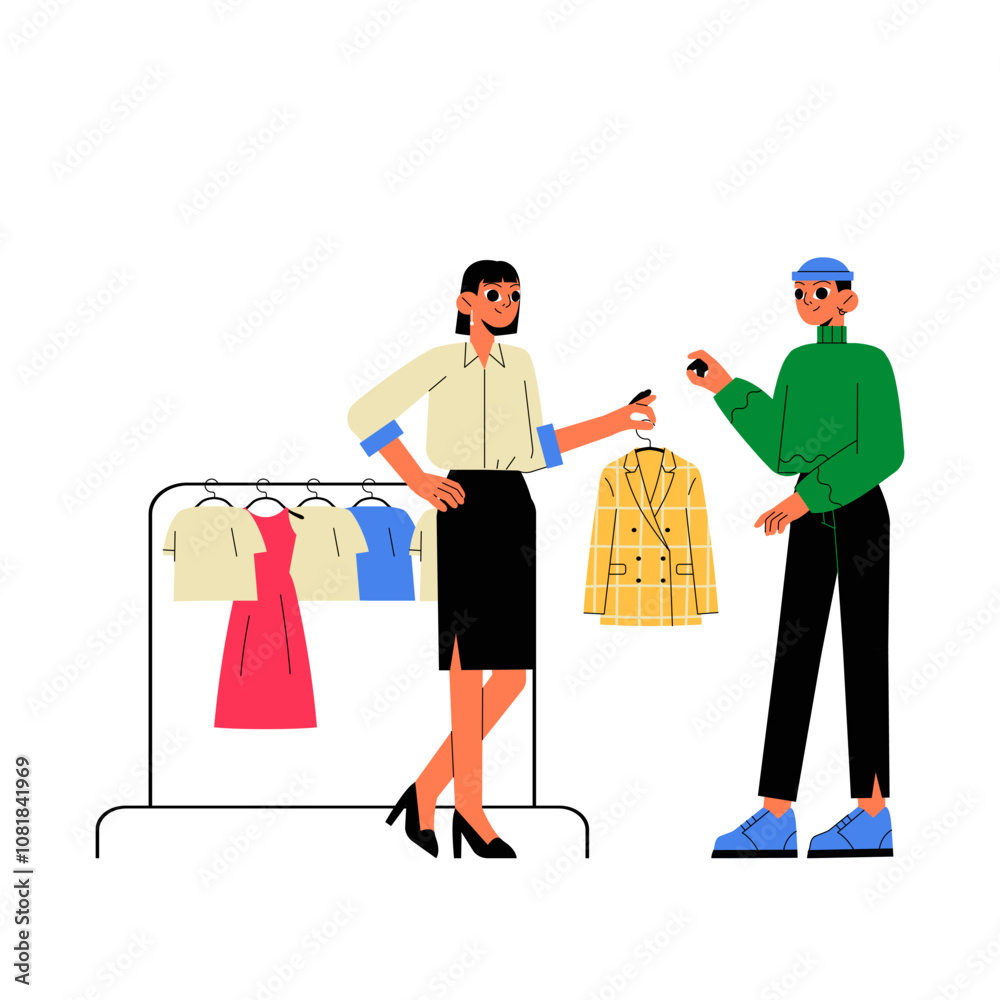 Female Sales Assistant Showing Jacket To Male Shopper In Flat Vector Illustration Symbolizing Fashion Retail, Shopping Experience, And Customer Assistance, Isolated On White Background. Female Sales Assistant Showing Jacket To Male Shopper In Flat Vector Illustration Symbolizing Fashion Retail, Shopping Experience, And Customer Assistance, Isolated On White Background.