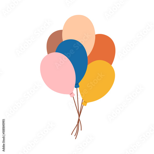Festive air balloons bunch tied with string. Holiday and birthday party decoration. Floating baloons, celebration decor, helium plastic balls. Flat vector illustration isolated on white background