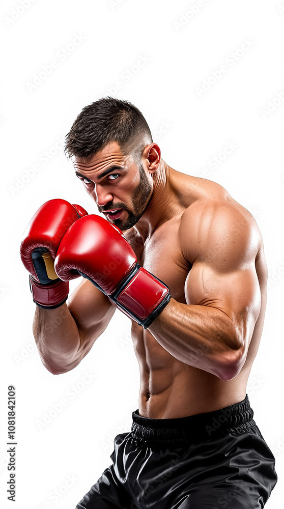 A muscular man practices boxing techniques while wearing vibrant red gloves, demonstrating his focused determination A muscular man practices boxing techniques while wearing vibrant red gloves, demonstrating his focused determination