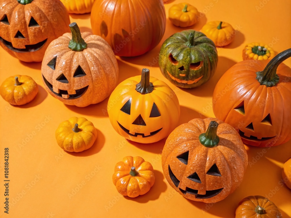Cheerful Jack-o'-Lantern Pumpkins on Vibrant Orange Background for Halloween Decor and Seasonal Celebrations Cheerful Jack-o'-Lantern Pumpkins on Vibrant Orange Background for Halloween Decor and Seasonal Celebrations