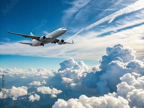 Civilian Airliner Soaring Rapidly Above Majestic Clouds with Clear Blue Sky and Ample Copy Space for Text or Branding Purposes