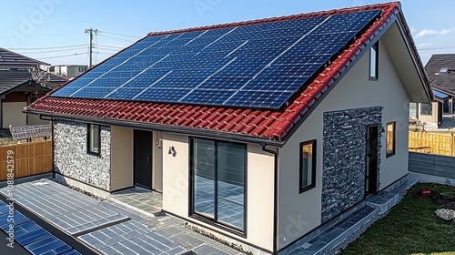 Wallpaper Mural Modern home with solar panels in a residential neighborhood during the afternoon sunlight, showcasing eco-friendly design and construction Torontodigital.ca