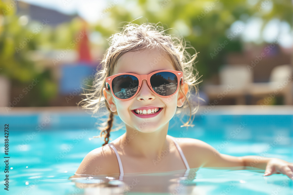 A young girl smiles brightly while swimming in a pool, wearing sunglasses on a warm summer day A young girl smiles brightly while swimming in a pool, wearing sunglasses on a warm summer day