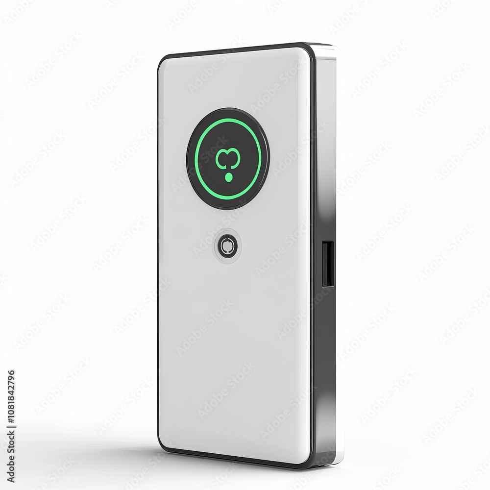 A white device with a green ring and a black A white device with a green ring and a black