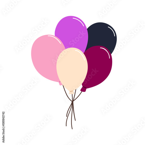 Festive balloons bunch. Holiday decor, air baloons bundle. Birthday party decoration, elegant helium ornament tied with strings, floating up. Flat vector illustration isolated on white background