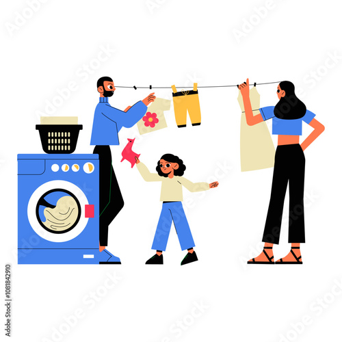 Family Hanging Laundry Together In Flat Vector Illustration Symbolizing Household Chores, Family Bonding, And Domestic Responsibility, Isolated On White Background.