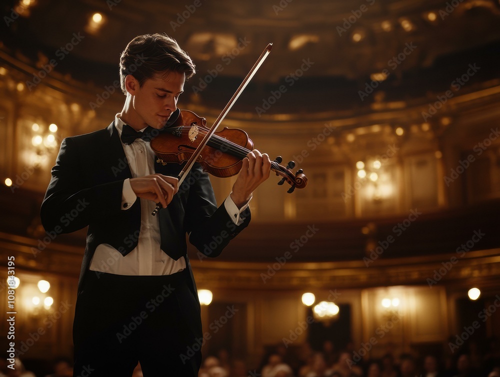 Fototapeta premium A violinist performs on stage. AI.