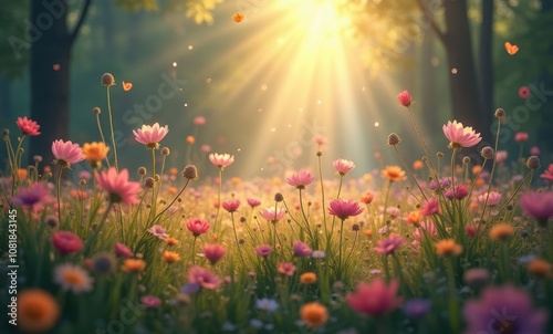 Serene flower field basking in sunlight