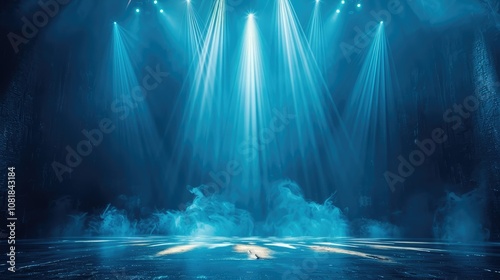 Abstract blue stage with spotlights and smoke.