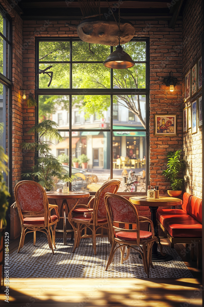 A restaurant with tables and chairs in front of a large window