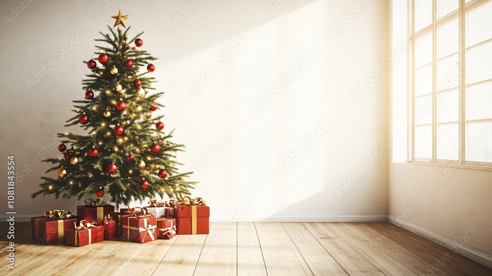 Decorated Christmas Tree in a Bright Room with Gifts Decorated Christmas Tree in a Bright Room with Gifts
