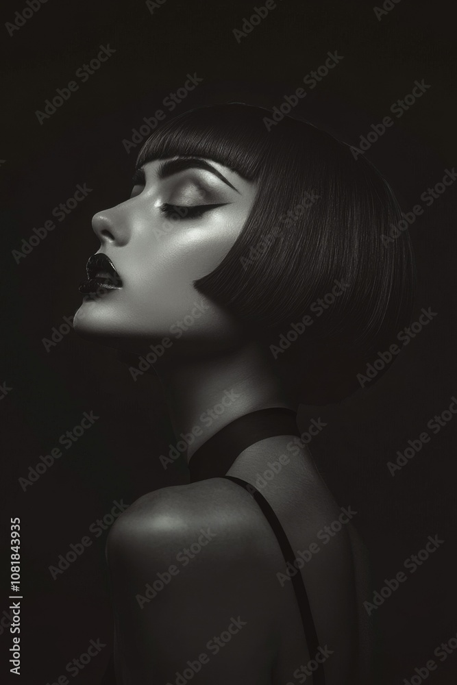 A pale skinned model with bold make-up, chin length haircut, in dark studio. smokey make-up. Fashion. Hairstyle. Cosmetics. Style. Black and white.
A pale skinned model with bold make-up, chin length haircut, in dark studio. smokey make-up. Fashion. Hairstyle. Cosmetics. Style. Black and white.