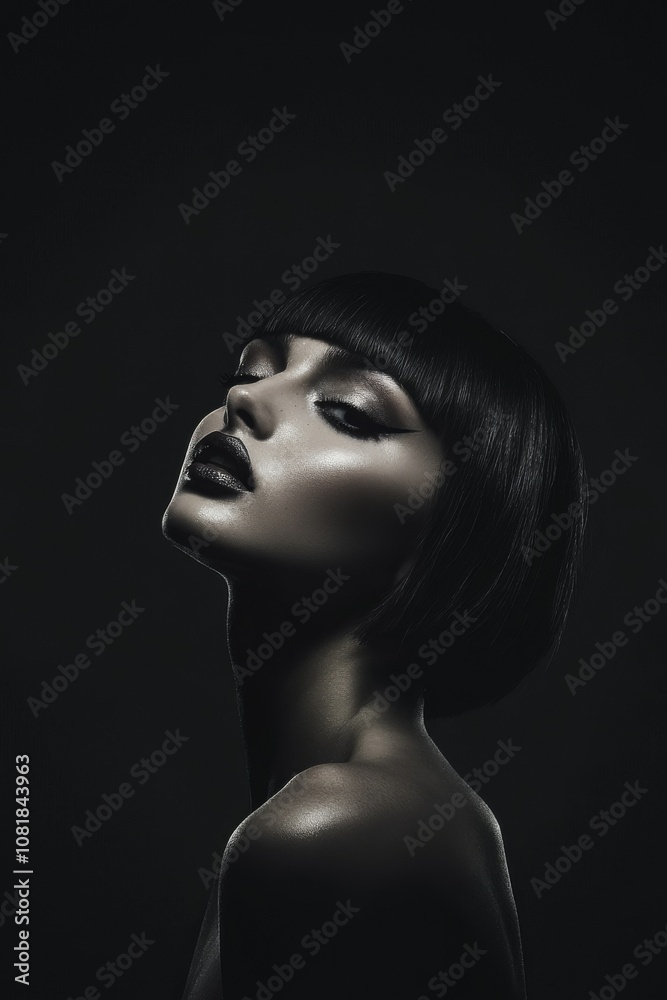 A pale skinned model with bold make-up, chin length haircut, in dark studio. smokey make-up. Fashion. Hairstyle. Cosmetics. Style. Black and white.
A pale skinned model with bold make-up, chin length haircut, in dark studio. smokey make-up. Fashion. Hairstyle. Cosmetics. Style. Black and white.