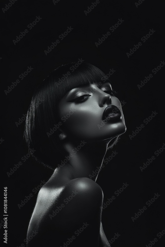 Fototapeta premium A pale skinned model with bold make-up, chin length haircut, in dark studio. smokey make-up. Fashion. Hairstyle. Cosmetics. Style. Black and white. 