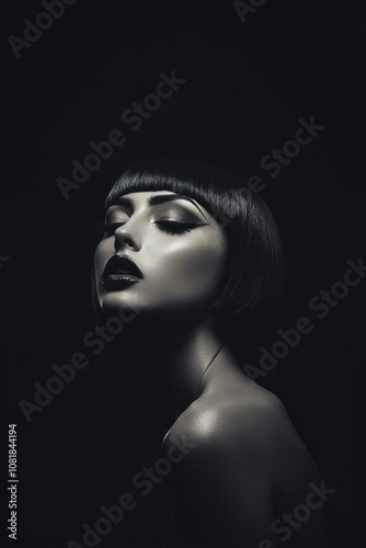 A pale skinned model with bold make-up, chin length haircut, in dark studio. smokey make-up. Fashion. Hairstyle. Cosmetics. Style. Black and white. 