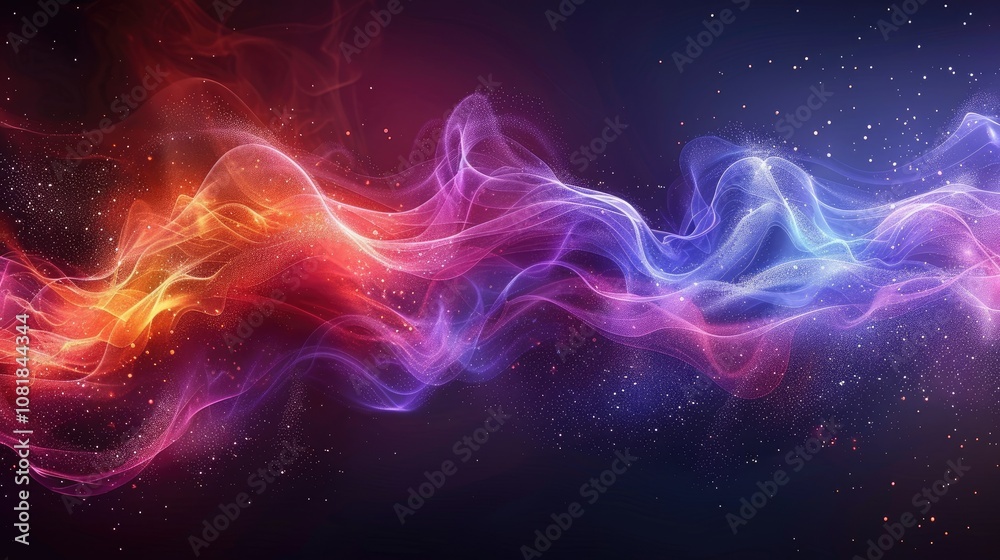Abstract colorful smoke wave with glowing particles on dark background. Abstract colorful smoke wave with glowing particles on dark background.