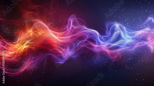 Abstract colorful smoke wave with glowing particles on dark background.