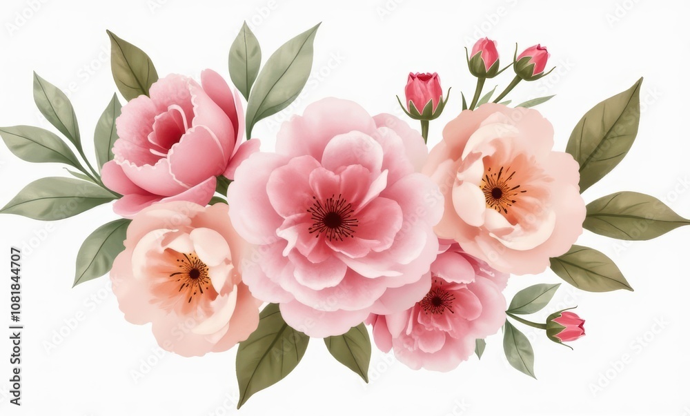Elegant pink floral arrangement with leaves Elegant pink floral arrangement with leaves