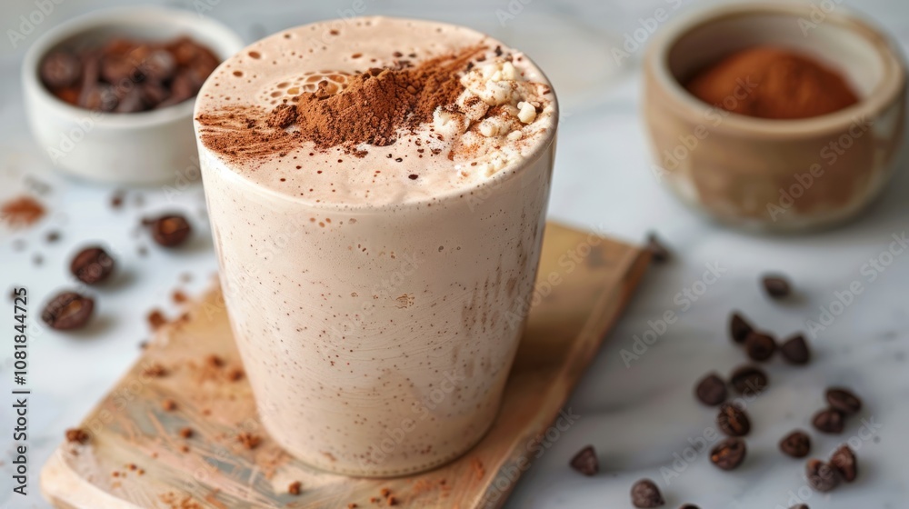 A glass of chocolate coffee smoothie with chocolate chips and cocoa powder on top, on a wooden cutting board. A glass of chocolate coffee smoothie with chocolate chips and cocoa powder on top, on a wooden cutting board.