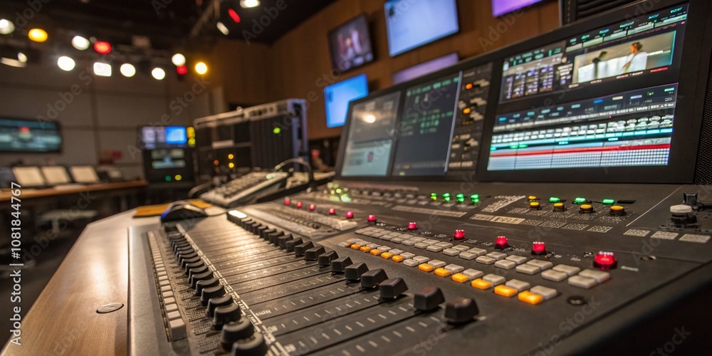 Close-Up of a Professional Audio Mixing Console in Use During a Live Broadcast in a Modern Sound Studio, Showcasing Advanced Broadcasting Technology and Equipment Close-Up of a Professional Audio Mixing Console in Use During a Live Broadcast in a Modern Sound Studio, Showcasing Advanced Broadcasting Technology and Equipment