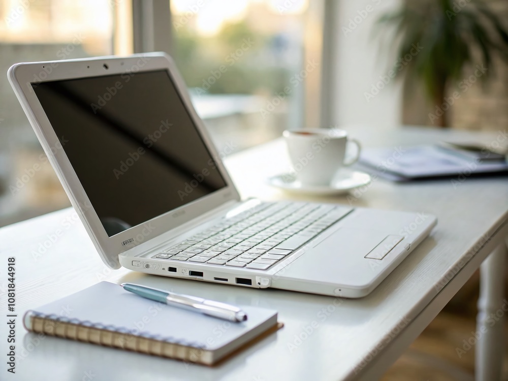 Close-Up of a Sleek White Mini Laptop Computer on a Minimalist Desk with Soft Natural Lighting, Showcasing the Modern Design and Innovative Technology for Digital Lifestyle Enthusiasts Close-Up of a Sleek White Mini Laptop Computer on a Minimalist Desk with Soft Natural Lighting, Showcasing the Modern Design and Innovative Technology for Digital Lifestyle Enthusiasts