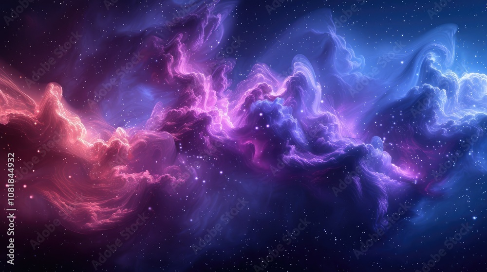 Abstract cosmic nebula with swirling clouds of gas and dust in shades of blue, pink, and purple against a backdrop of twinkling stars. Abstract cosmic nebula with swirling clouds of gas and dust in shades of blue, pink, and purple against a backdrop of twinkling stars.