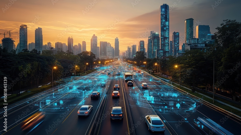 A city skyline with cars driving on a highway with digital icons and a sunset sky. A city skyline with cars driving on a highway with digital icons and a sunset sky.