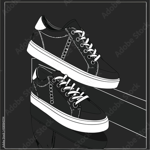 Bold Black Leather Sneakers with Metallic Details on a Reflective Surface