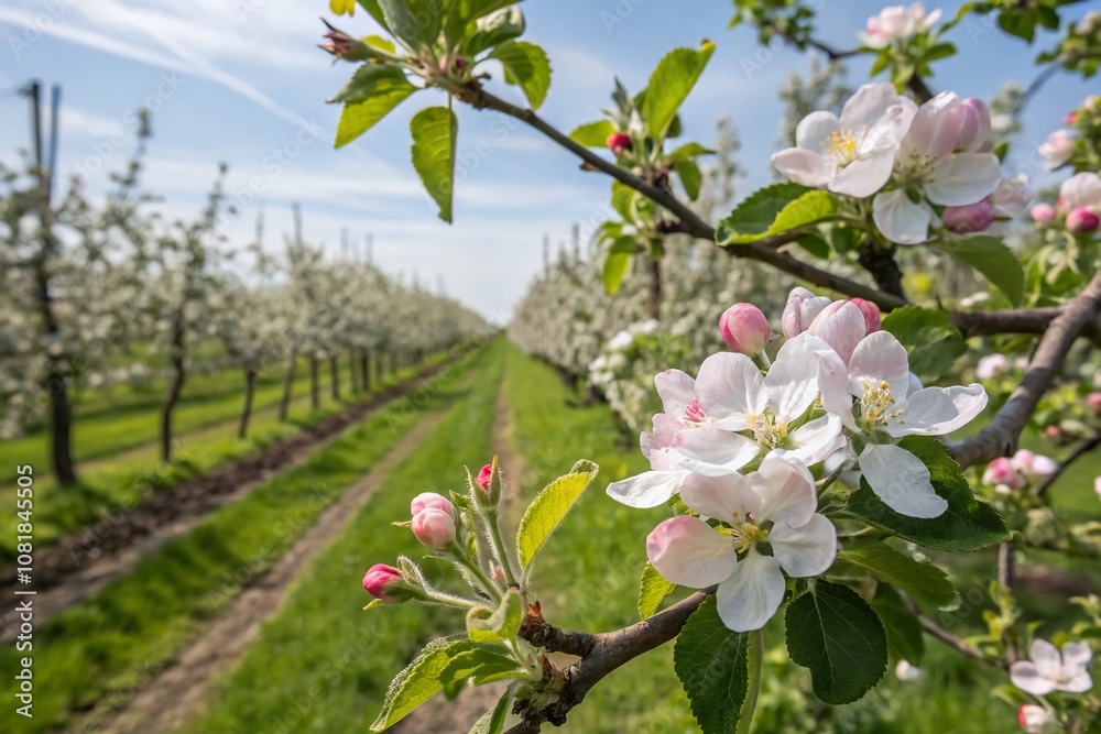 Close-up of Blossoming Apple Orchard in Spring, Showcasing Delicate Flowering Branches and Soft Petals, Capturing the Essence of Nature's Renewal and Beauty Close-up of Blossoming Apple Orchard in Spring, Showcasing Delicate Flowering Branches and Soft Petals, Capturing the Essence of Nature's Renewal and Beauty