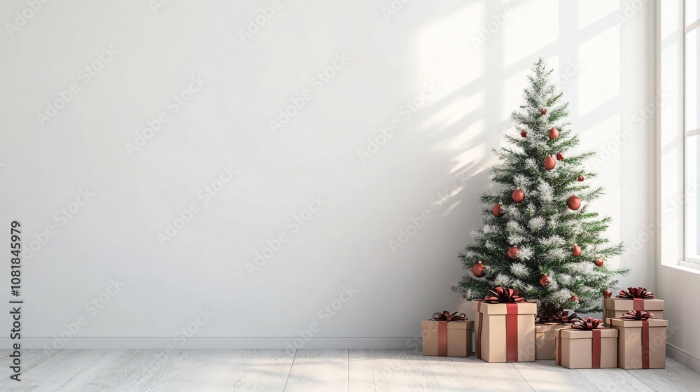 Christmas Tree with Presents in a Minimalist Room Christmas Tree with Presents in a Minimalist Room