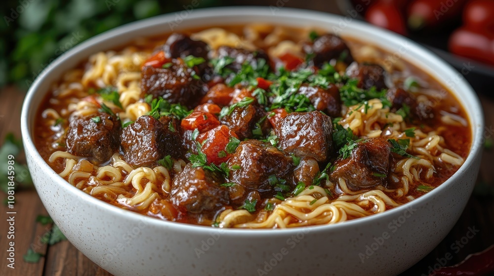 A close-up of beef noodle soup in a white bowl. Perfect for illustrating recipes, cooking, and food blogs. A close-up of beef noodle soup in a white bowl. Perfect for illustrating recipes, cooking, and food blogs.