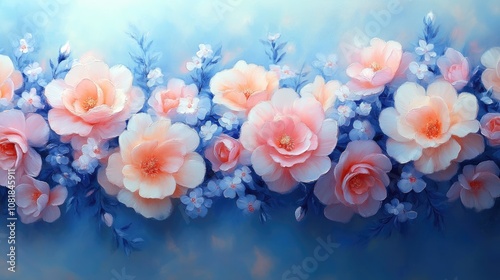 Pink flowers and blue leaves on blue background. Perfect for spring, romance, and floral themes.