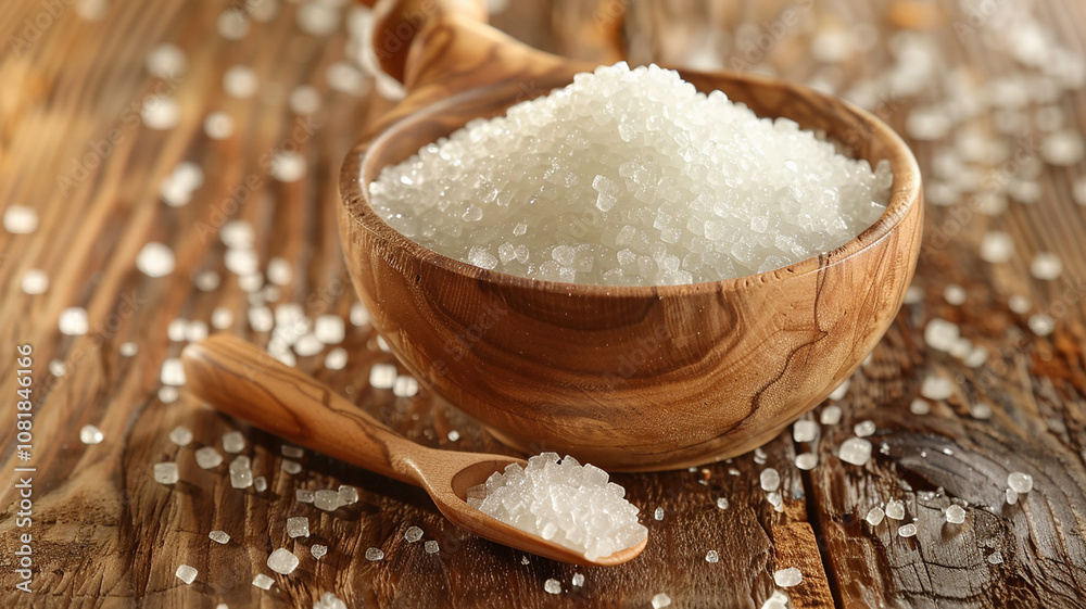 White sugar on wooden table with spoon generated.AI White sugar on wooden table with spoon generated.AI